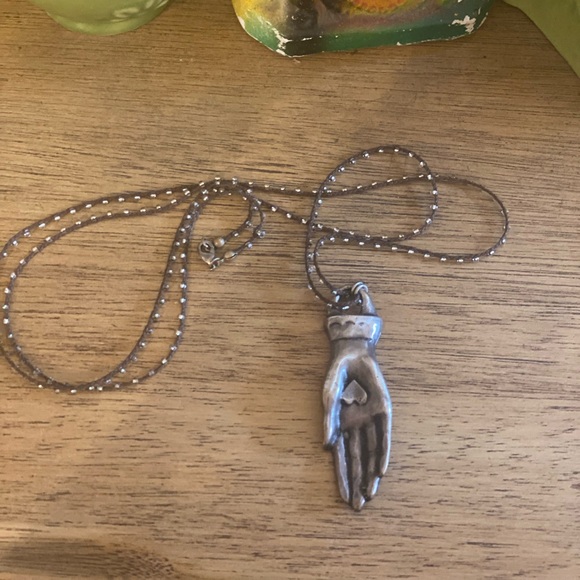Tara Gasparian Turquoise Silver Plate “Ex - Voto” Birds and Hands Long Necklace